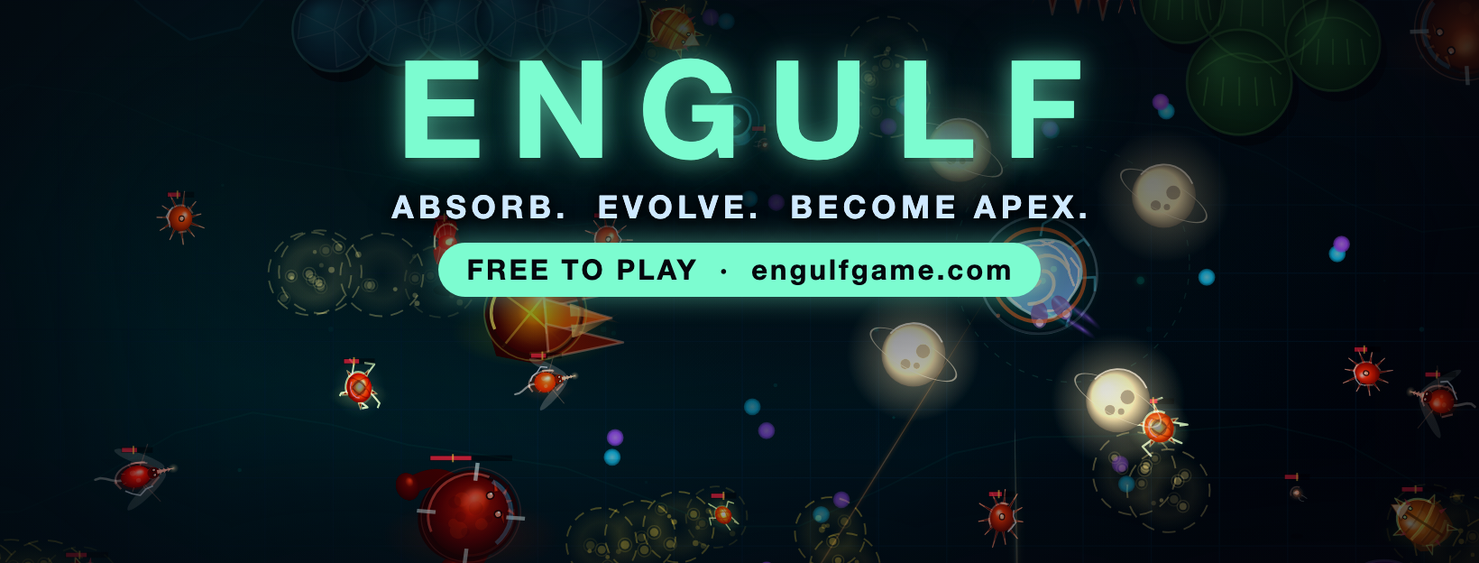 ENGULF banner: the wordmark over a swarm