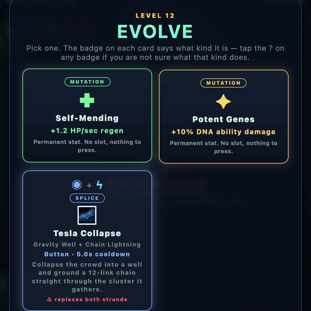 ENGULF: the EVOLVE draft screen with two mutations and a splice card